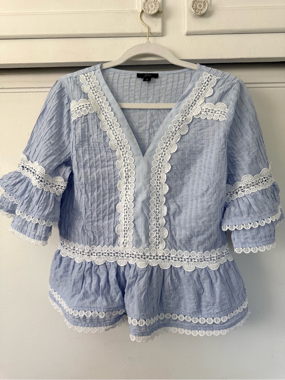 J. Crew Light Blue Lace-Trim Peplum Blouse